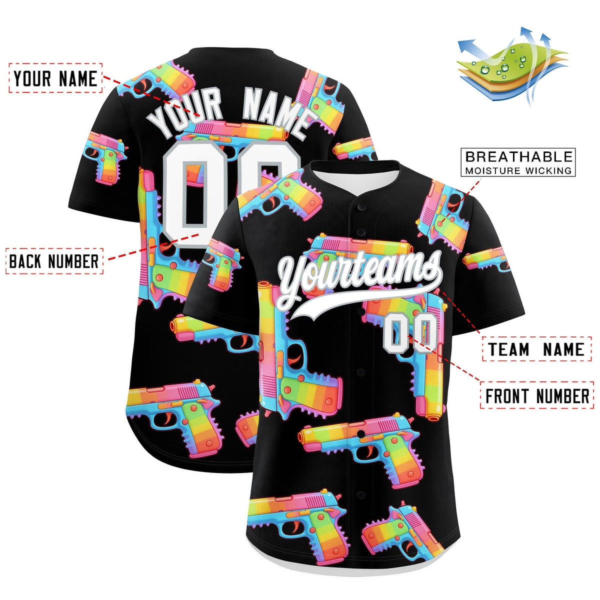 Custom Youth Baseball Jersey Black White Sugar-Coated Firepower Graffiti Pattern Hip-hop
