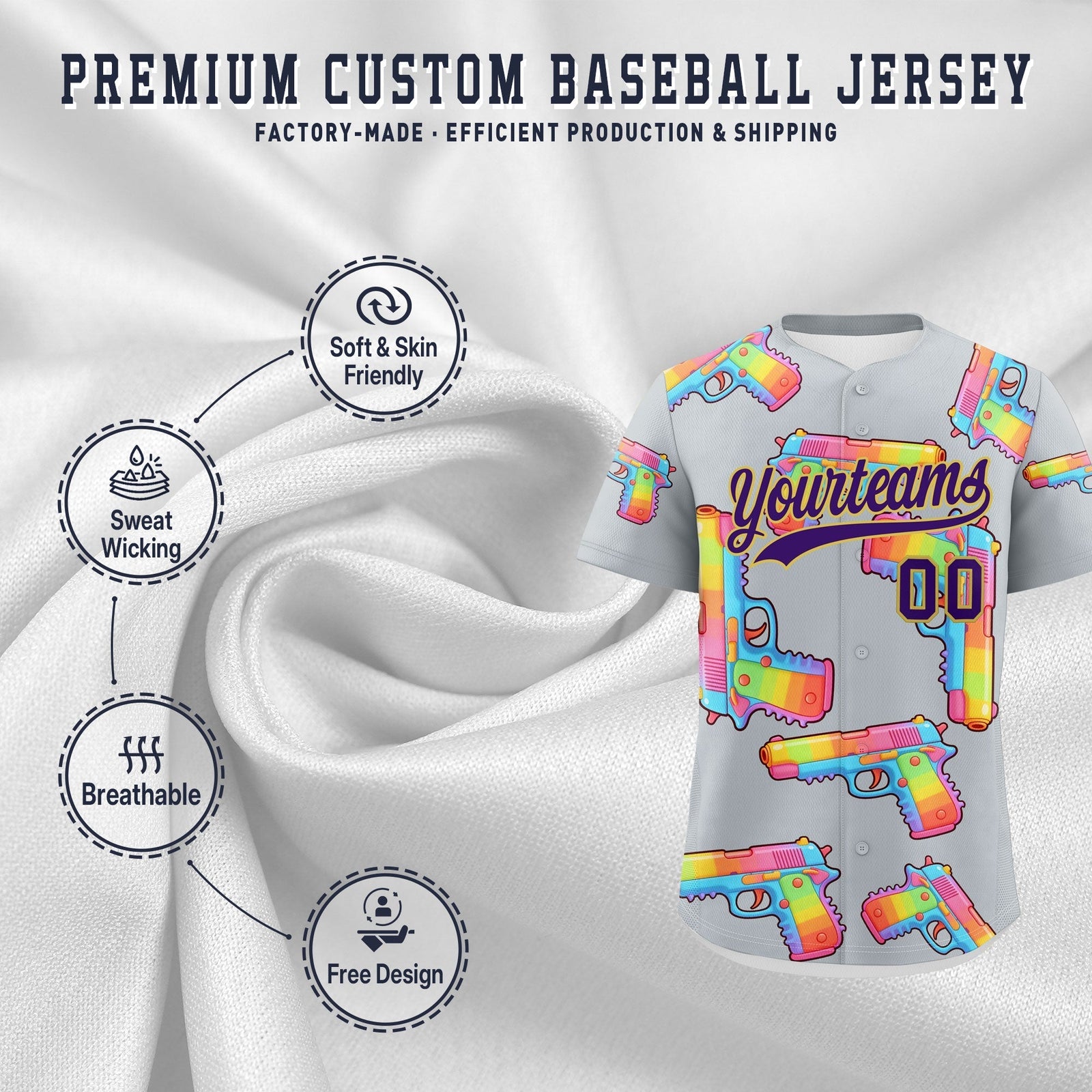 Custom Youth Baseball Jersey Silver Purple Sugar-Coated Firepower Graffiti Pattern Urban Fashion