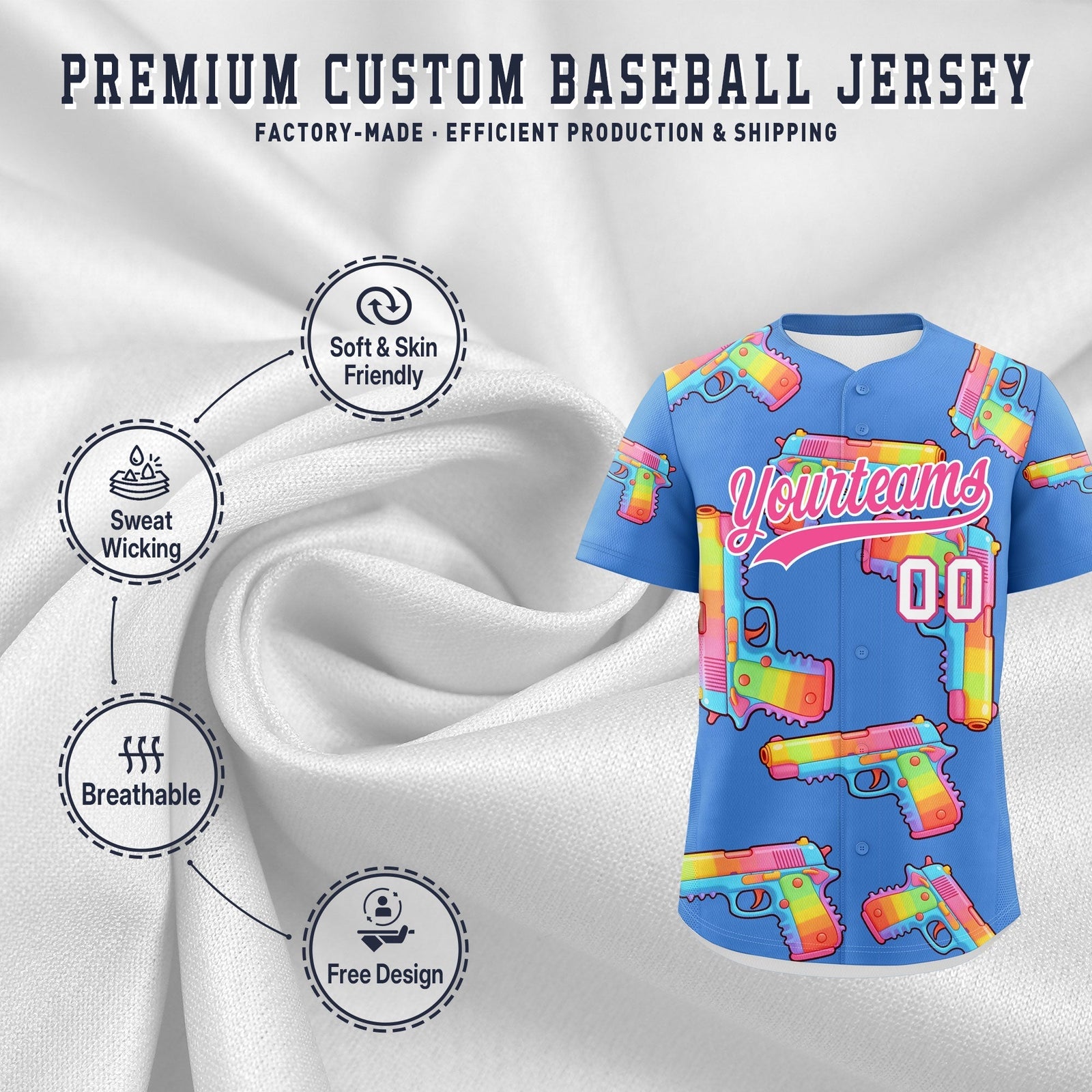 Custom Youth Baseball Jersey Powder Blue Pink Sugar-Coated Firepower Graffiti Pattern Urban Fashion