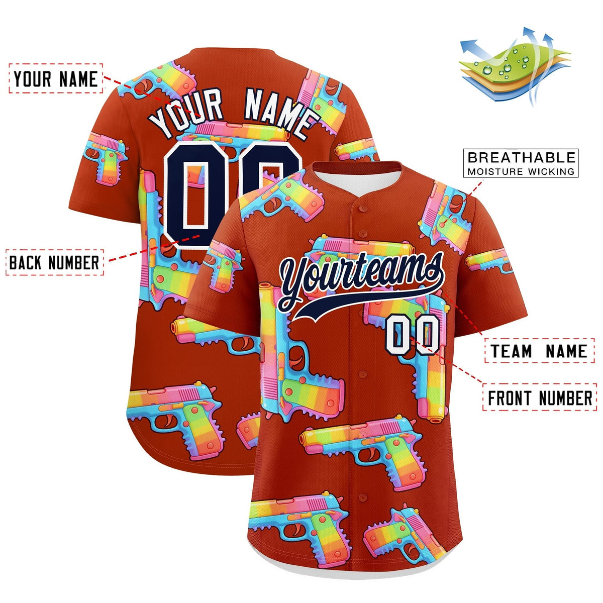 Custom Youth Baseball Jersey Dark Orange Navy Sugar-Coated Firepower Graffiti Pattern Street Style