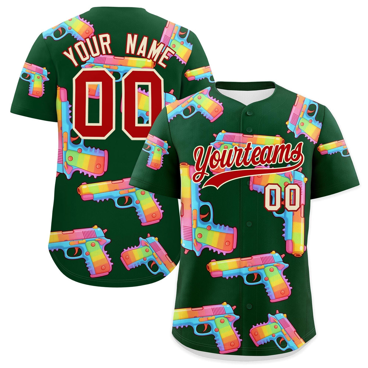 Custom Youth Baseball Jersey Dark Green Red Sugar-Coated Firepower Graffiti Pattern Urban Fashion