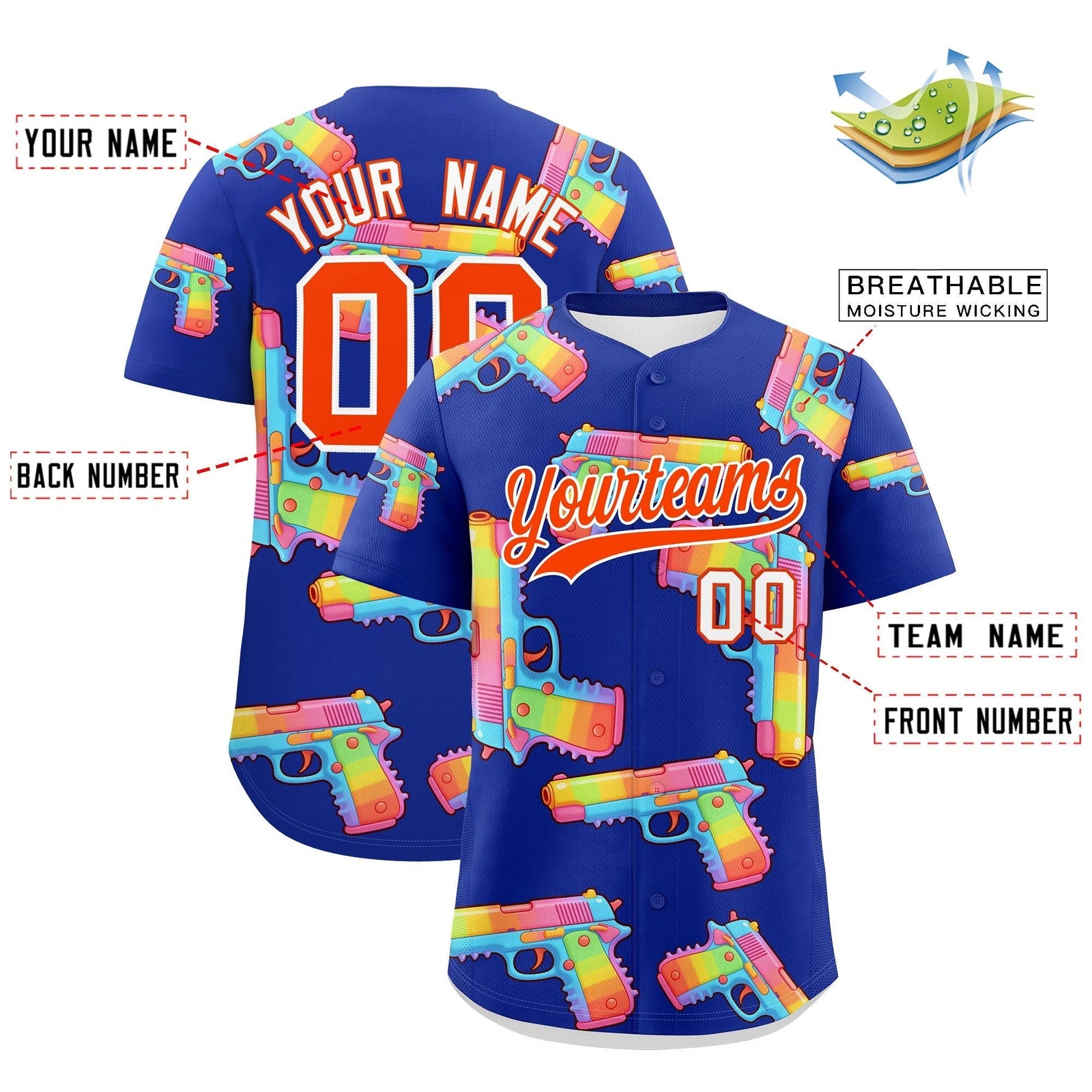 Custom Youth Baseball Jersey Royal Blue Orange Sugar-Coated Firepower Graffiti Pattern Street Style