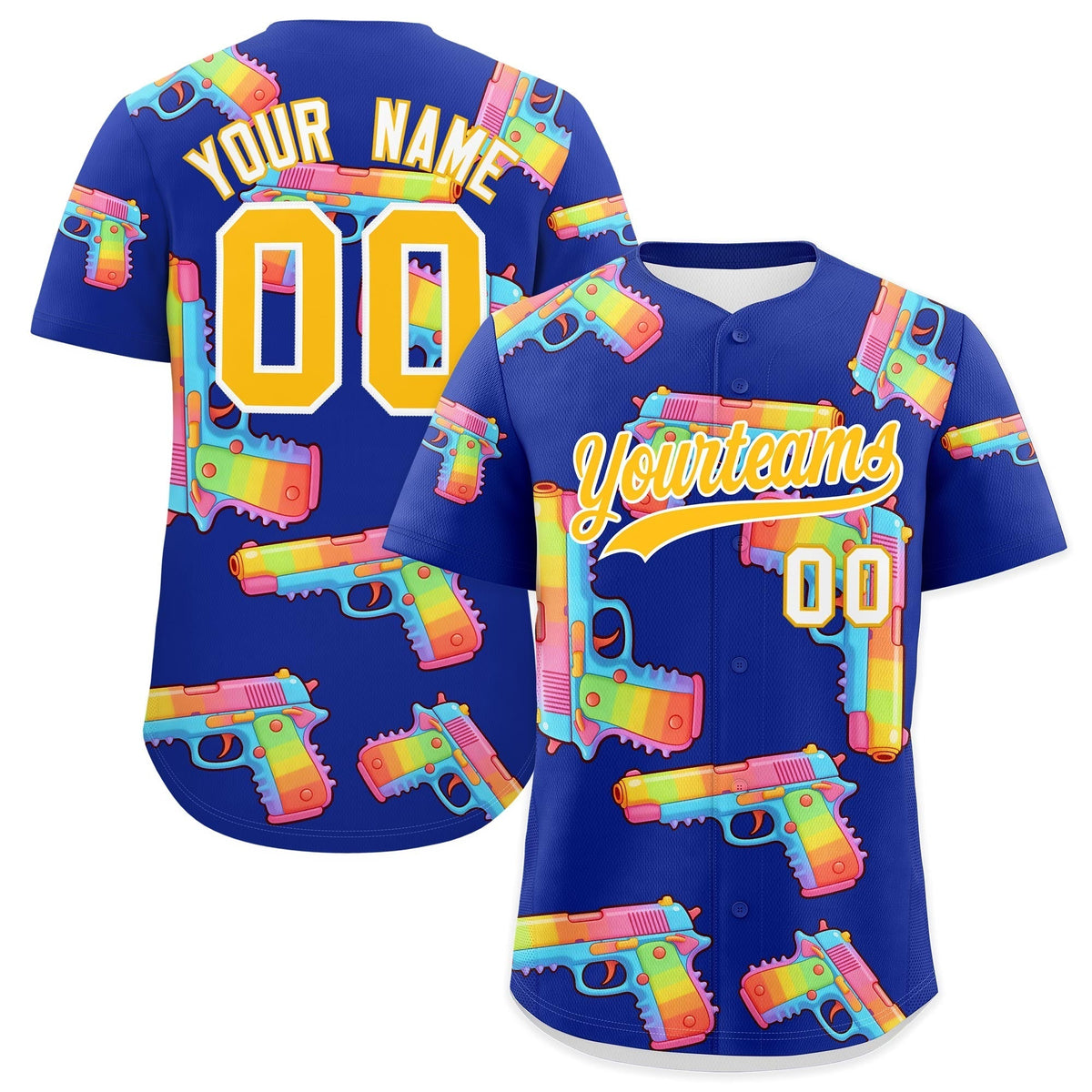 Custom Youth Baseball Jersey Royal Blue Yellow Sugar-Coated Firepower Graffiti Pattern Hip-hop