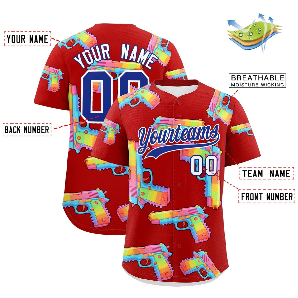 Custom Youth Baseball Jersey Red Royal Blue Sugar-Coated Firepower Graffiti Pattern Hip-hop