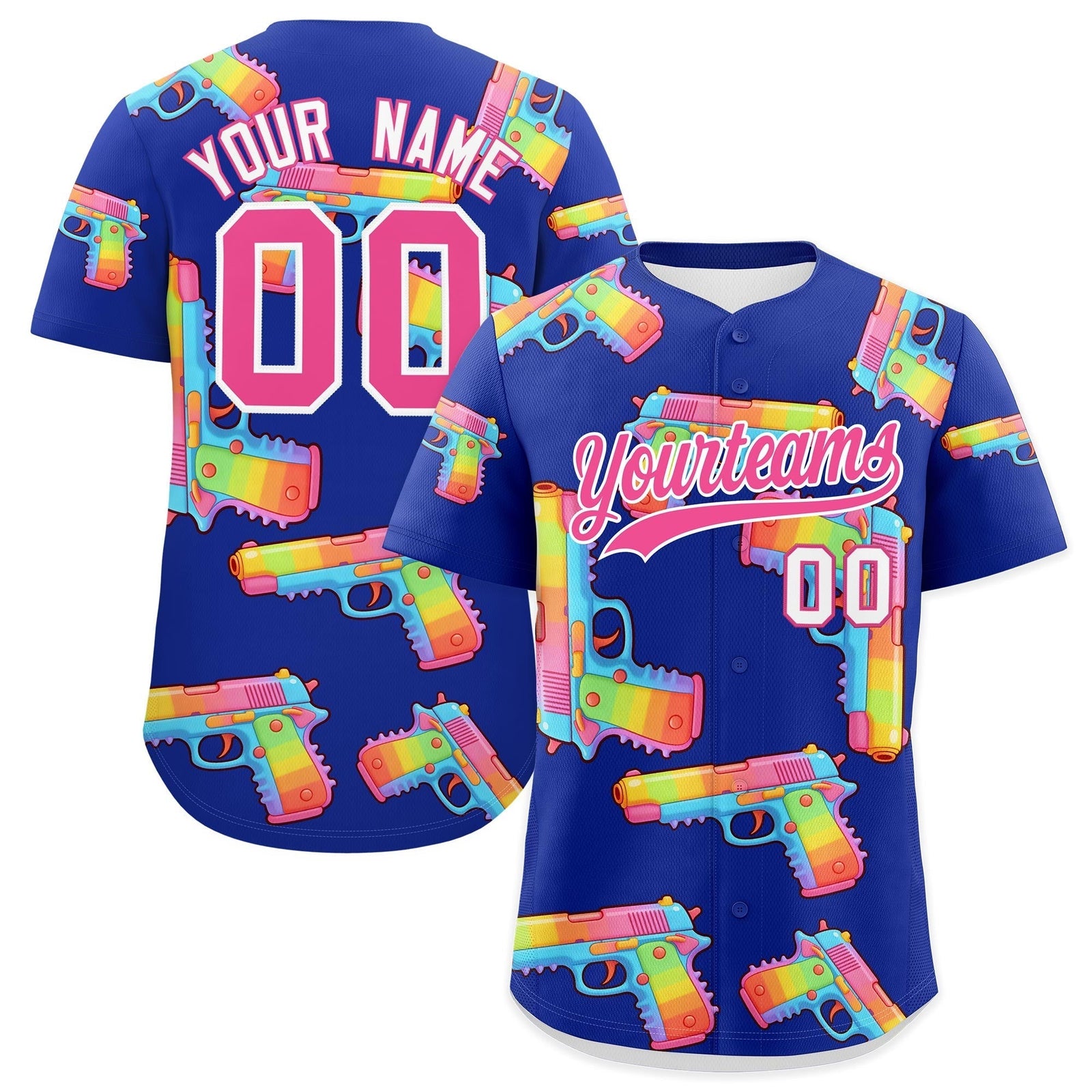 Custom Youth Baseball Jersey Royal Blue Pink Sugar-Coated Firepower Graffiti Pattern Urban Fashion