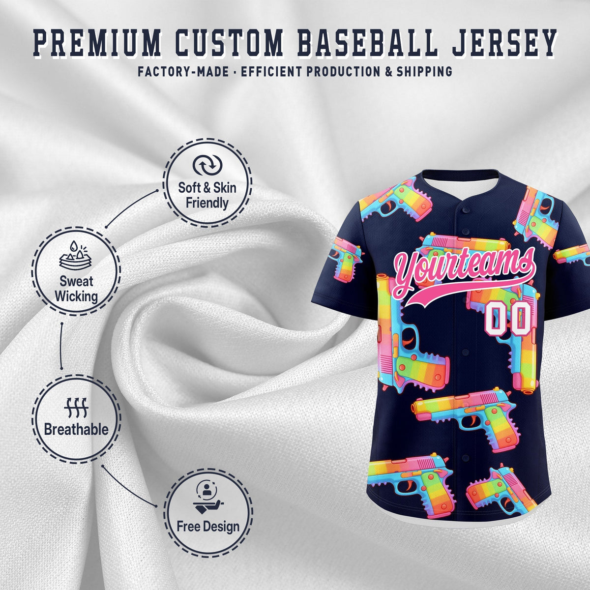 Custom Youth Baseball Jersey Navy Pink Sugar-Coated Firepower Graffiti Pattern Street Style