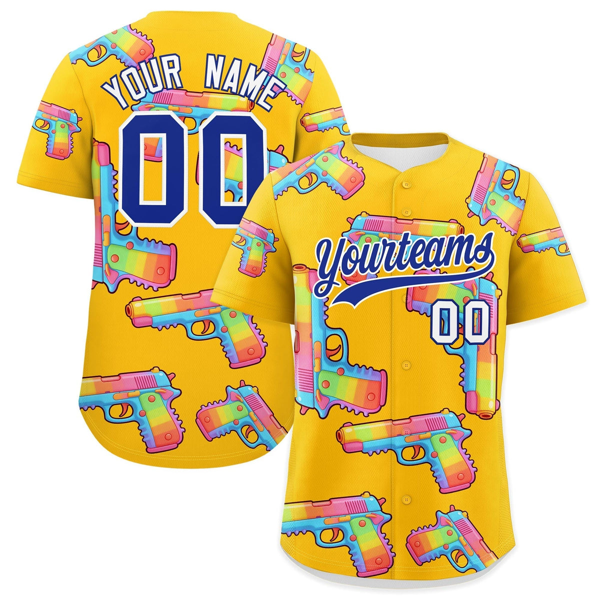 Custom Youth Baseball Jersey Yellow Royal Blue Sugar-Coated Firepower Graffiti Pattern Street Style