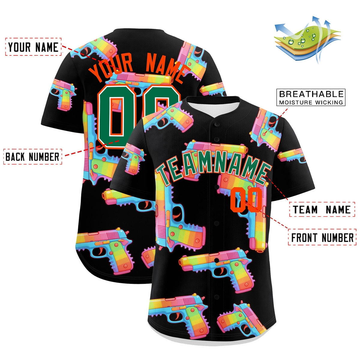 Custom Youth Baseball Jersey Black Kelly Green Sugar-Coated Firepower Graffiti Pattern Hip-hop