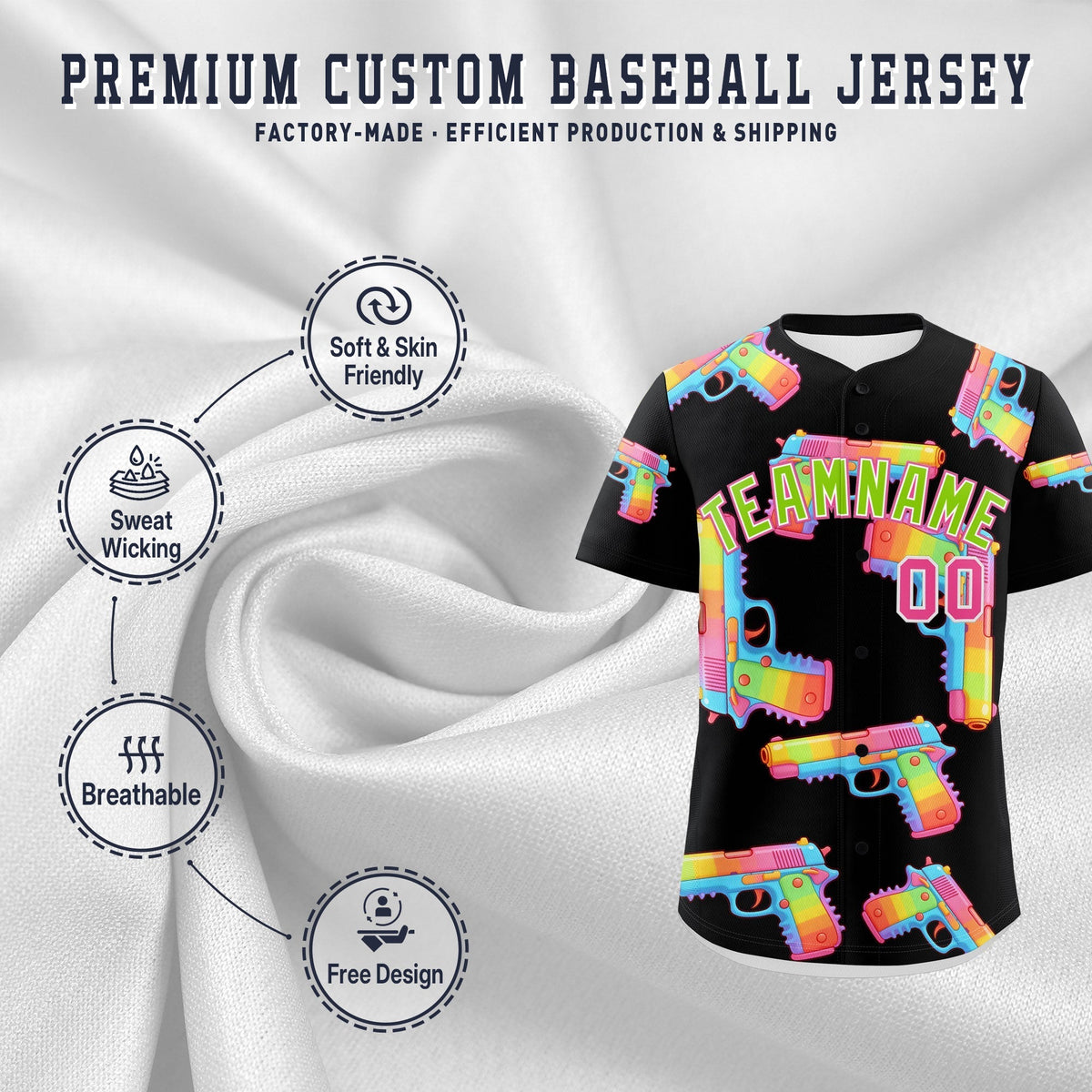Custom Youth Baseball Jersey Black Neon Green Sugar-Coated Firepower Graffiti Pattern Street Style