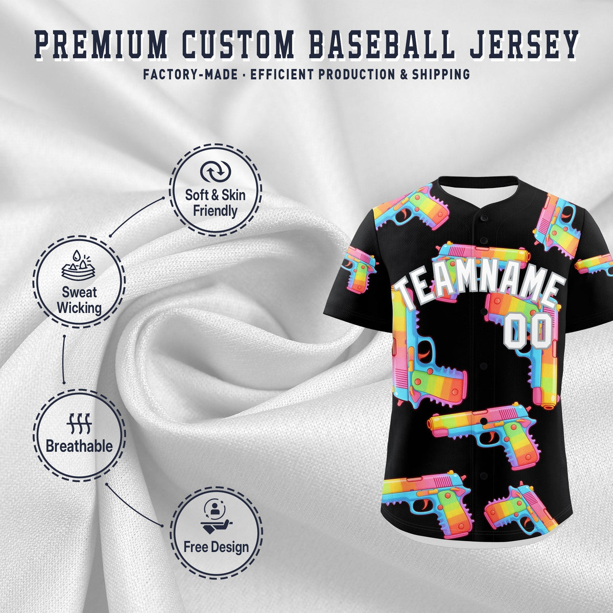 Custom Youth Baseball Jersey Black White Sugar-Coated Firepower Graffiti Pattern Hip-hop