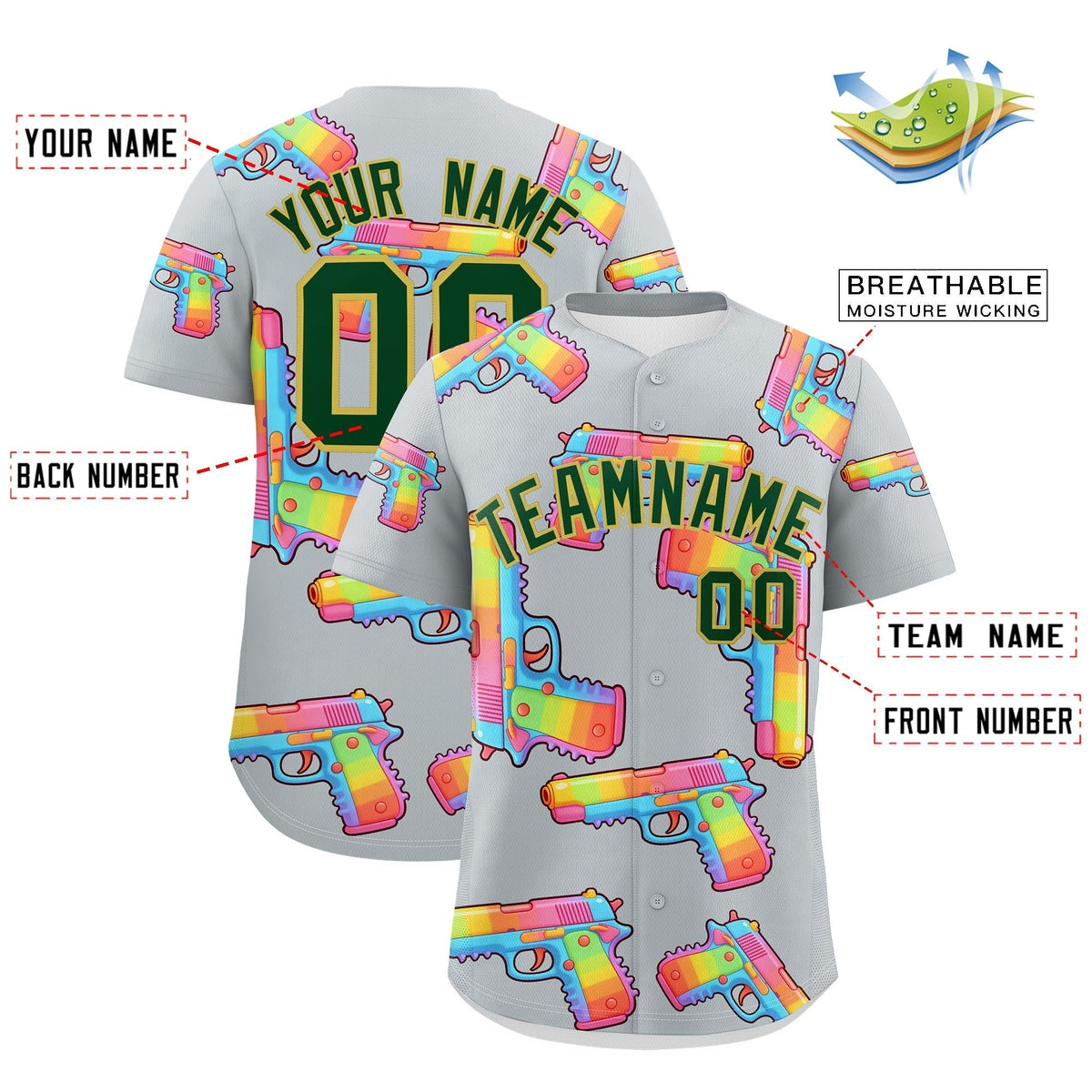 Custom Youth Baseball Jersey Silver Dark Green Sugar-Coated Firepower Graffiti Pattern Hip-hop