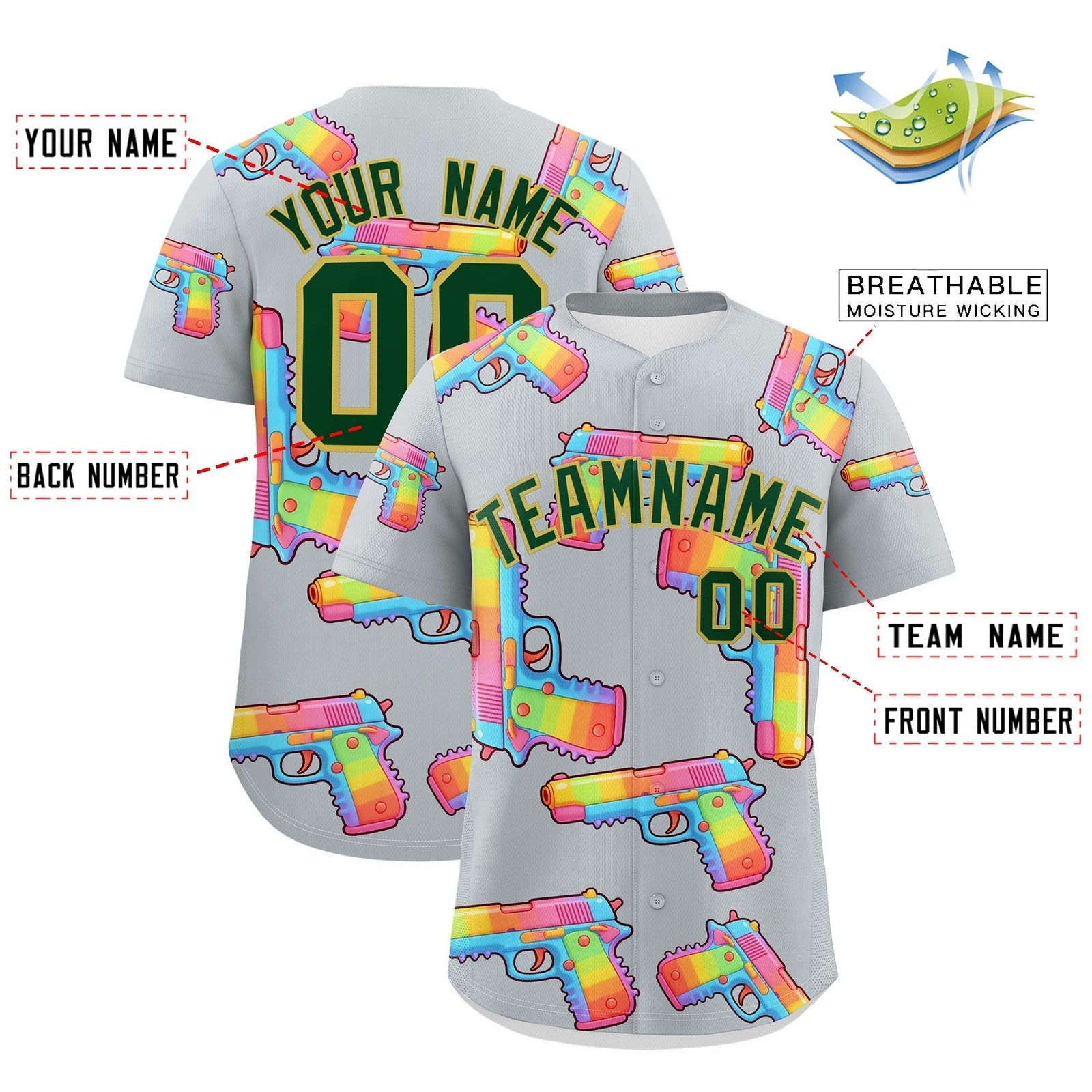Custom Youth Baseball Jersey Silver Dark Green Sugar-Coated Firepower Graffiti Pattern Hip-hop