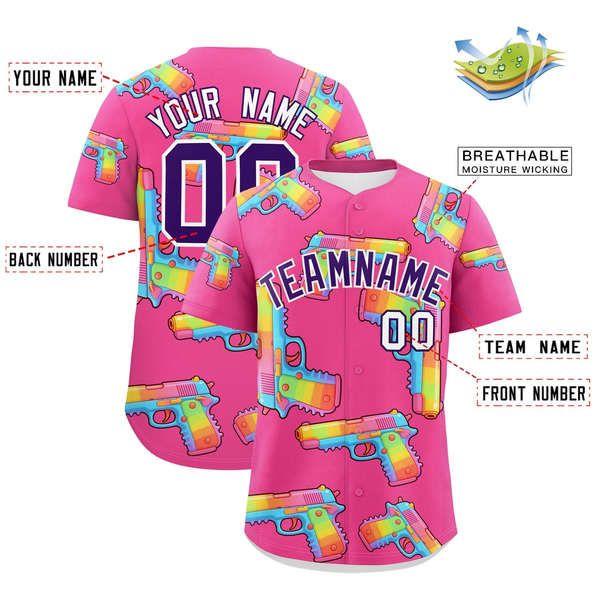 Custom Youth Baseball Jersey Pink Purple Sugar-Coated Firepower Graffiti Pattern Street Style