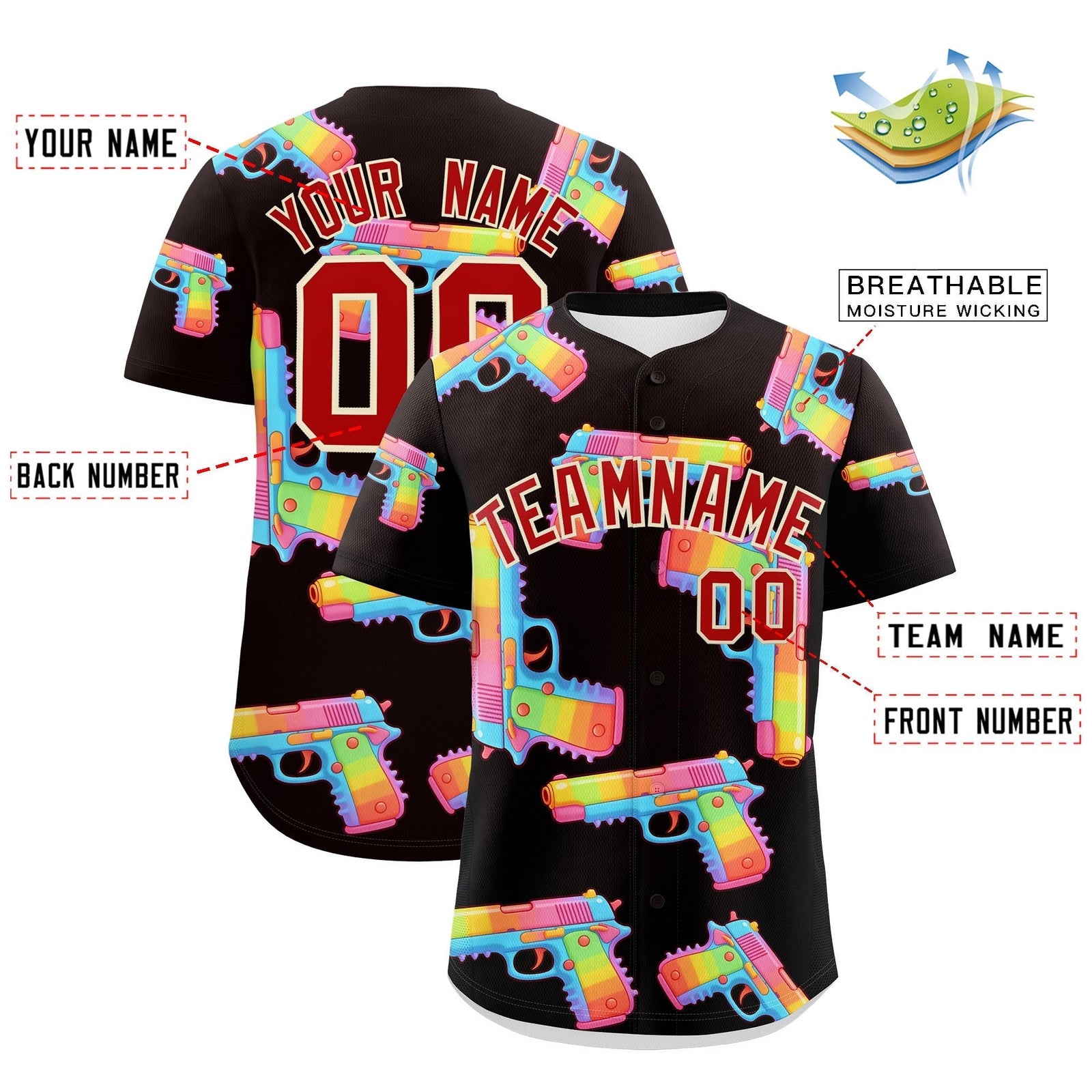Custom Youth Baseball Jersey Brown Red Sugar-Coated Firepower Graffiti Pattern Urban Fashion