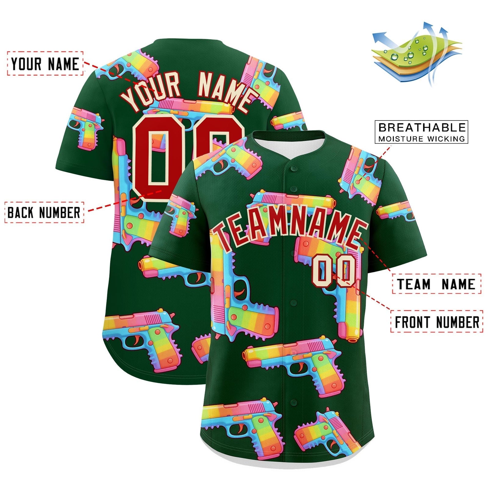 Custom Youth Baseball Jersey Dark Green Red Sugar-Coated Firepower Graffiti Pattern Urban Fashion