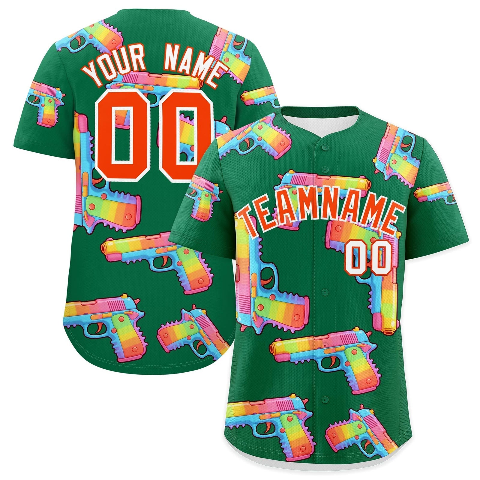 Custom Youth Baseball Jersey Kelly Green Orange Sugar-Coated Firepower Graffiti Pattern Street Style