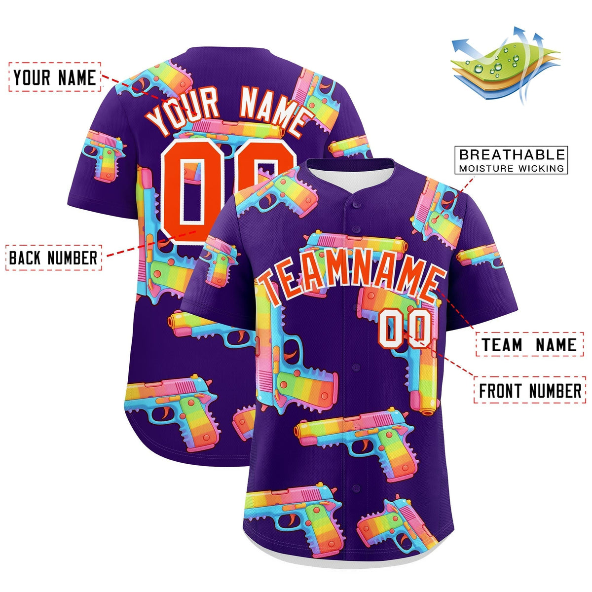 Custom Youth Baseball Jersey Purple Orange Sugar-Coated Firepower Graffiti Pattern Hip-hop