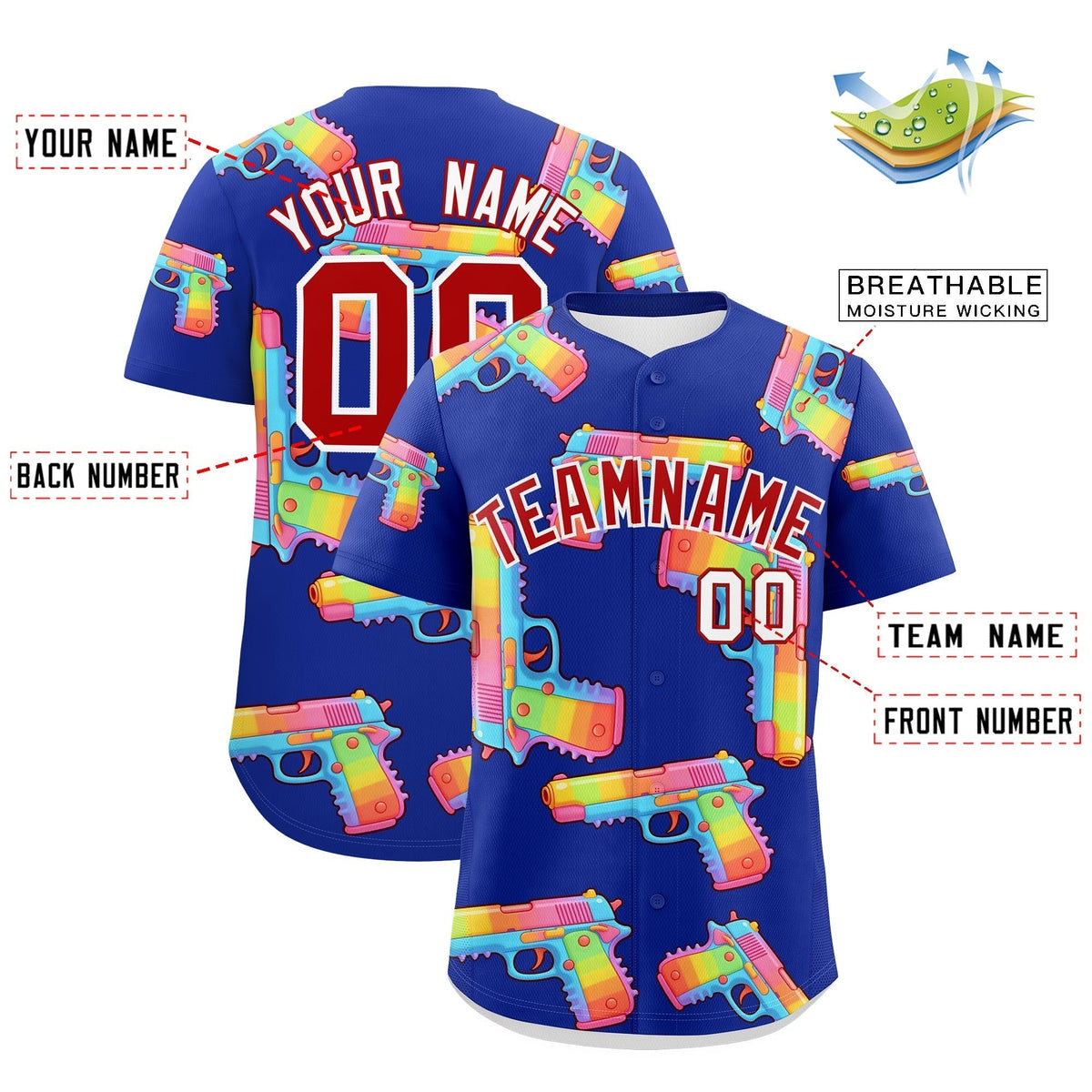Custom Youth Baseball Jersey Royal Blue Red Sugar-Coated Firepower Graffiti Pattern Urban Fashion