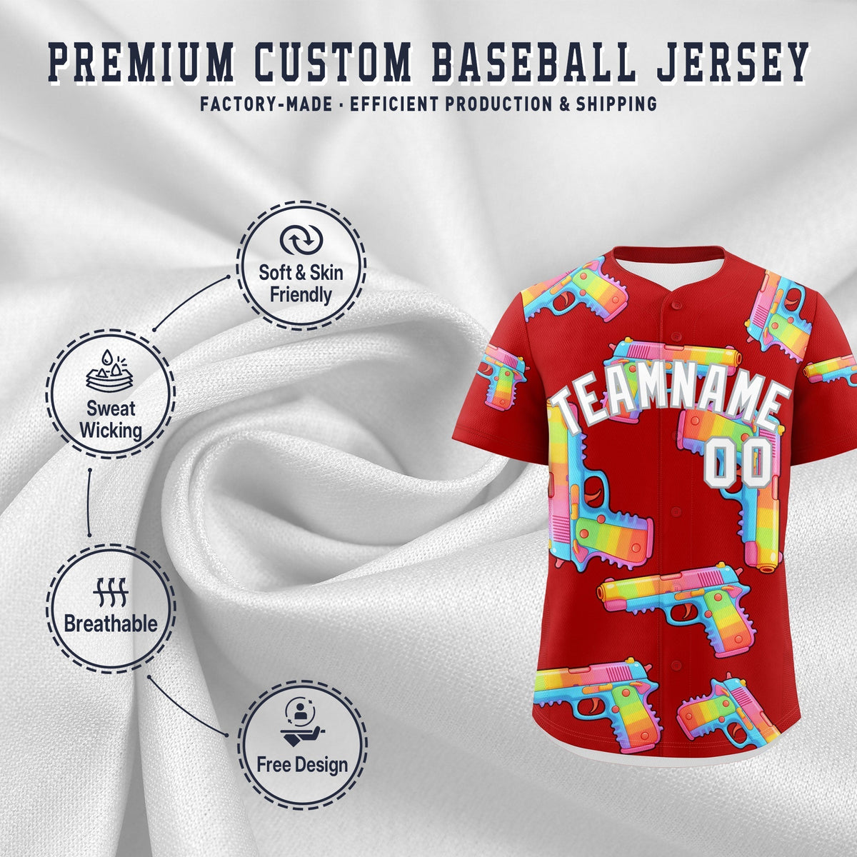 Custom Youth Baseball Jersey Red White Sugar-Coated Firepower Graffiti Pattern Urban Fashion
