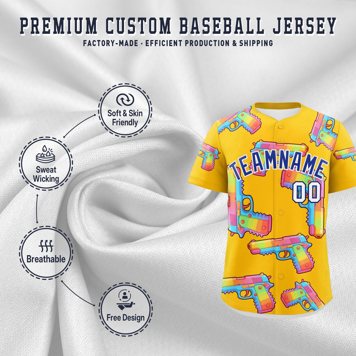 Custom Youth Baseball Jersey Yellow Royal Blue Sugar-Coated Firepower Graffiti Pattern Street Style