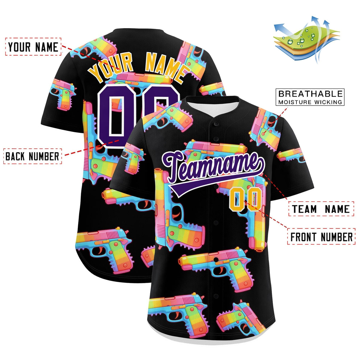 Custom Youth Baseball Jersey Black Purple Sugar-Coated Firepower Graffiti Pattern Urban Fashion