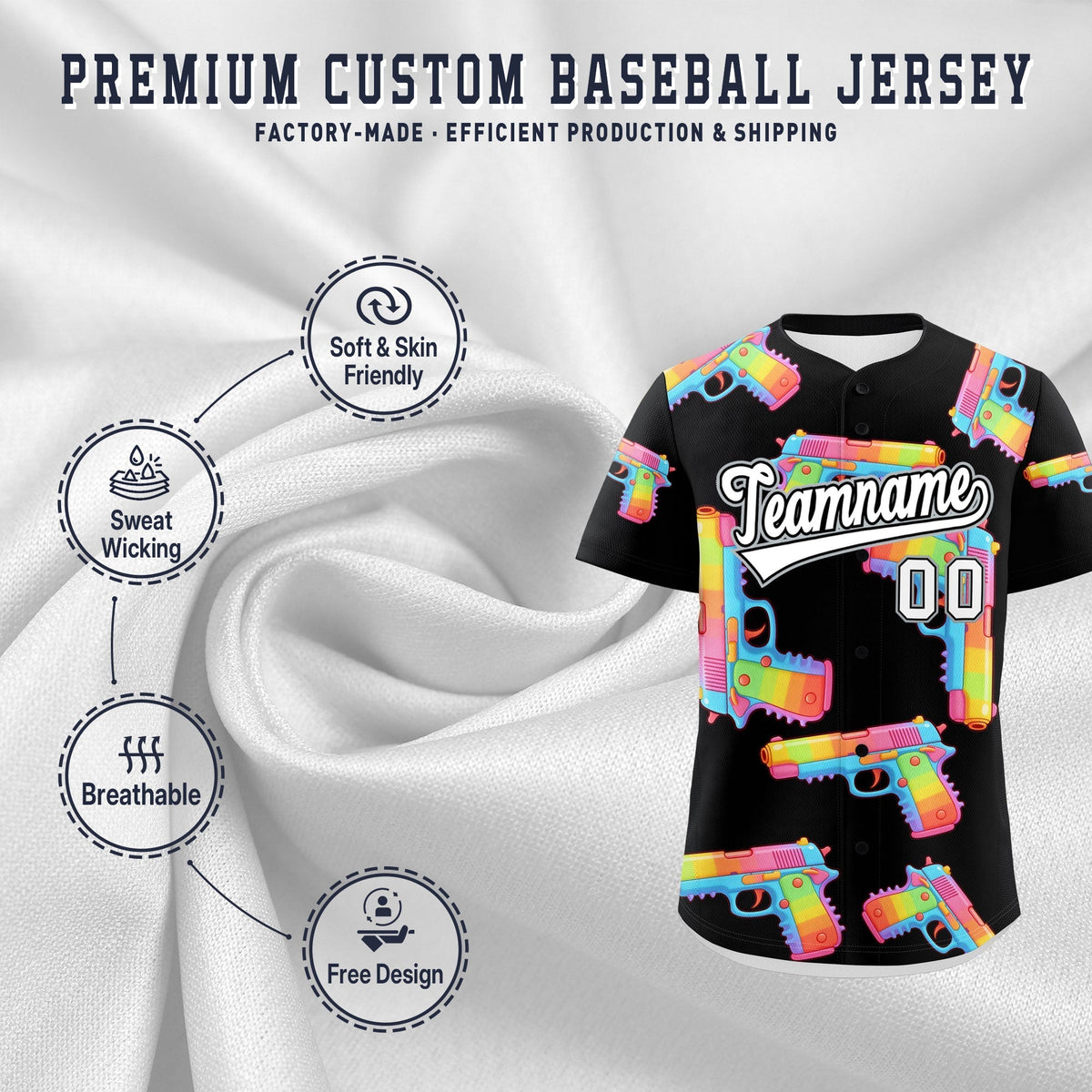 Custom Youth Baseball Jersey Black White Sugar-Coated Firepower Graffiti Pattern Street Style