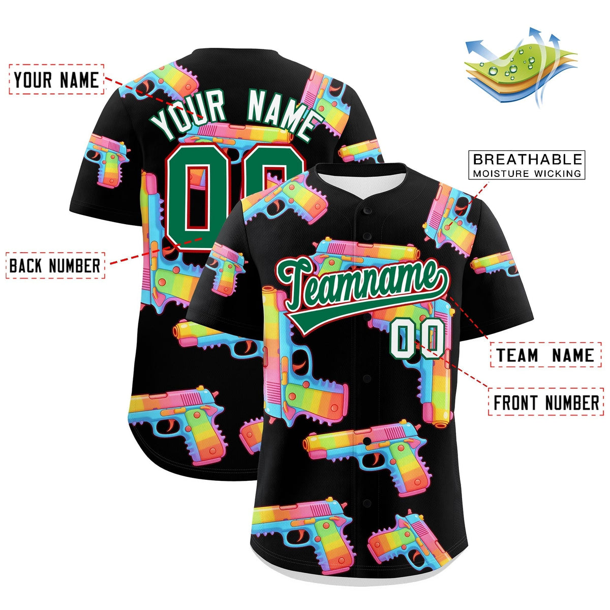 Custom Youth Baseball Jersey Black Kelly Green Sugar-Coated Firepower Graffiti Pattern Urban Fashion