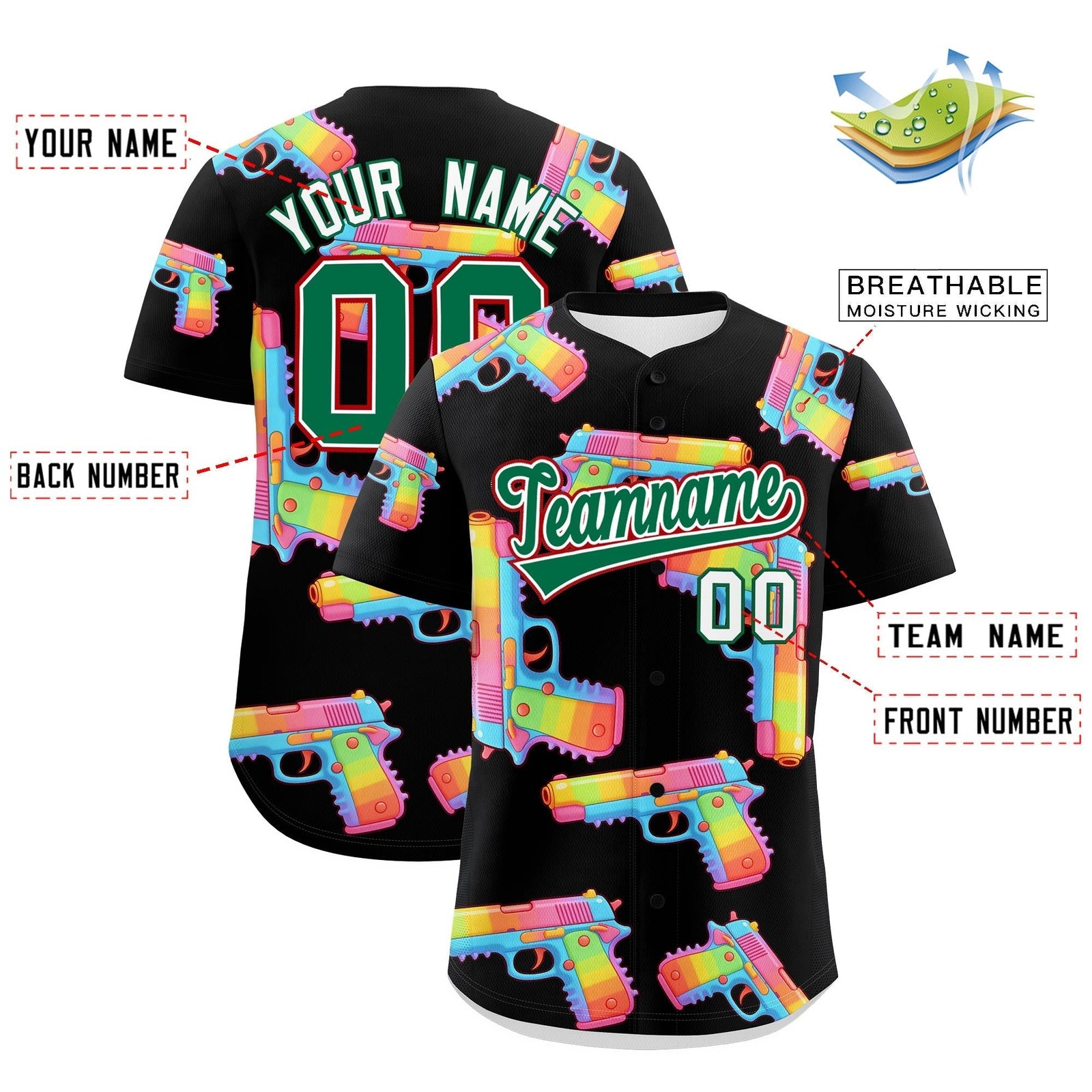 Custom Youth Baseball Jersey Black Kelly Green Sugar-Coated Firepower Graffiti Pattern Urban Fashion