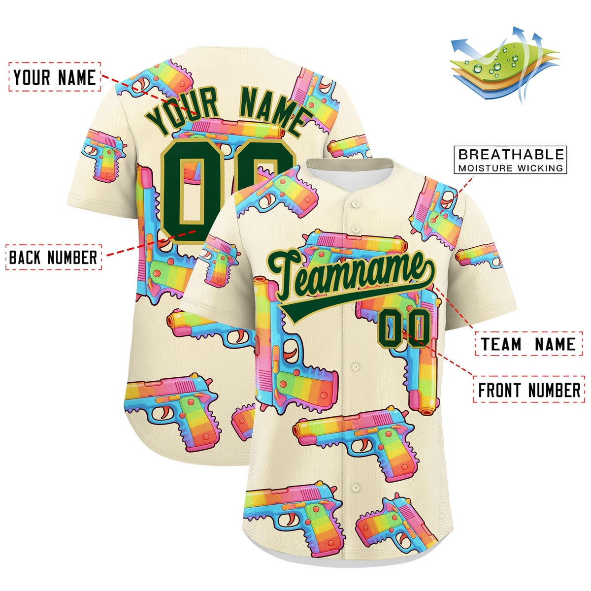Custom Youth Baseball Jersey Cream Dark Green Sugar-Coated Firepower Graffiti Pattern Urban Fashion