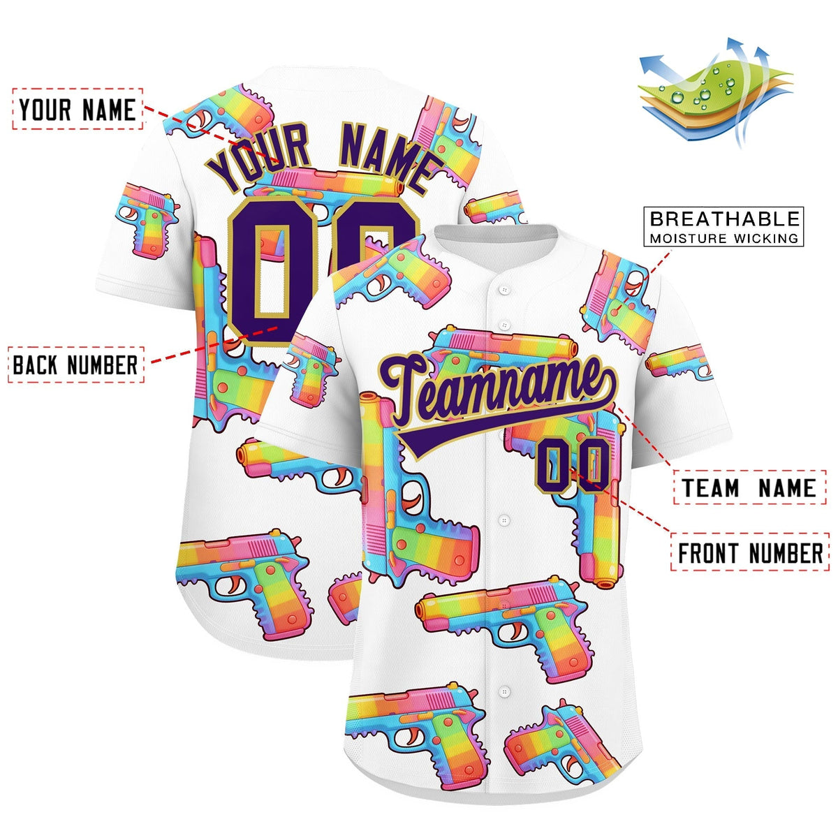 Custom Youth Baseball Jersey White Purple Sugar-Coated Firepower Graffiti Pattern Street Style