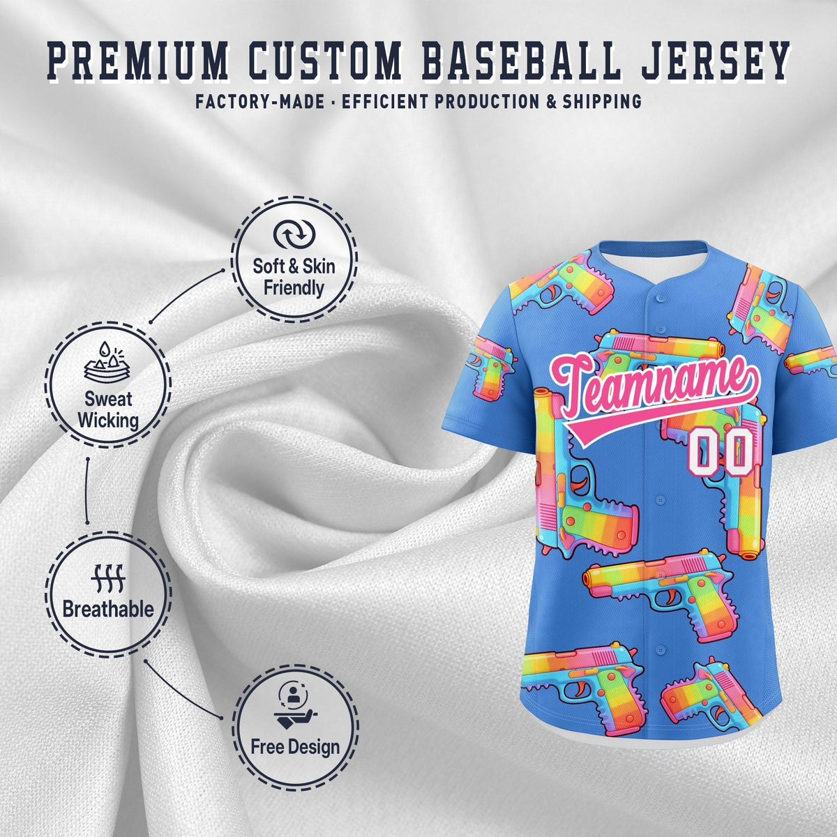 Custom Youth Baseball Jersey Powder Blue Pink Sugar-Coated Firepower Graffiti Pattern Urban Fashion