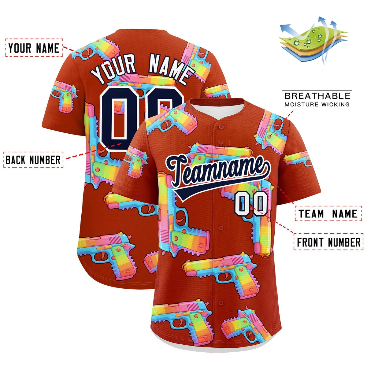 Custom Youth Baseball Jersey Dark Orange Navy Sugar-Coated Firepower Graffiti Pattern Street Style