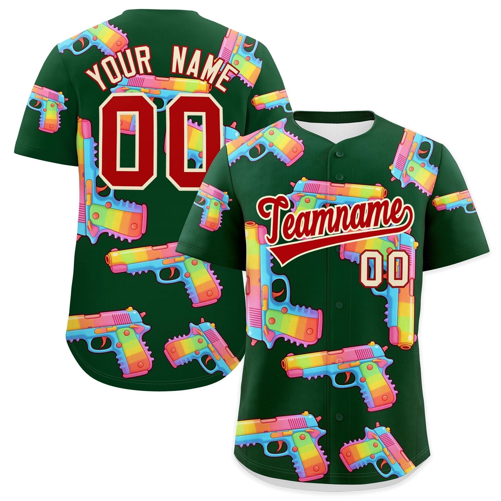 Custom Youth Baseball Jersey Dark Green Red Sugar-Coated Firepower Graffiti Pattern Urban Fashion