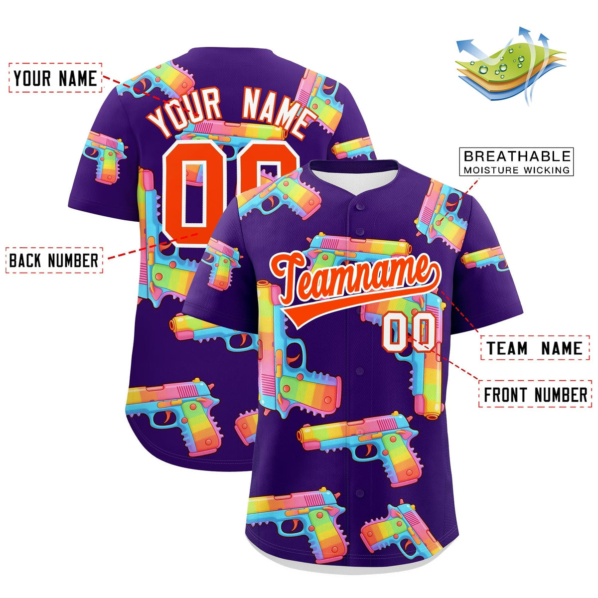 Custom Youth Baseball Jersey Purple Orange Sugar-Coated Firepower Graffiti Pattern Hip-hop