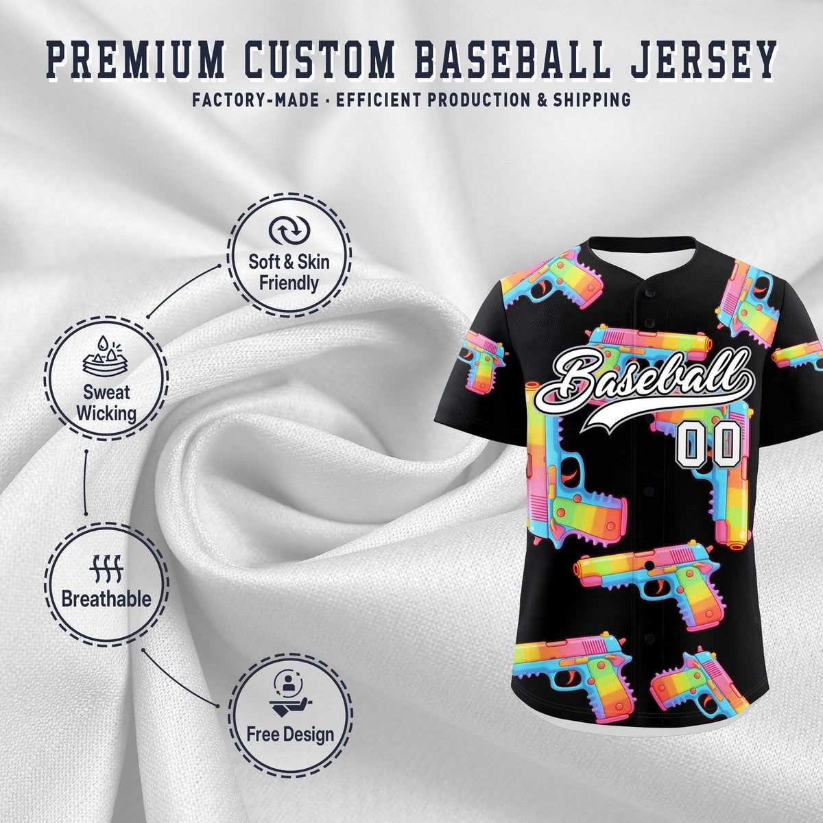Custom Youth Baseball Jersey Black White Sugar-Coated Firepower Graffiti Pattern Street Style