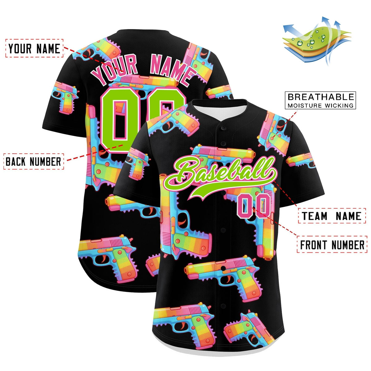 Custom Youth Baseball Jersey Black Neon Green Sugar-Coated Firepower Graffiti Pattern Street Style