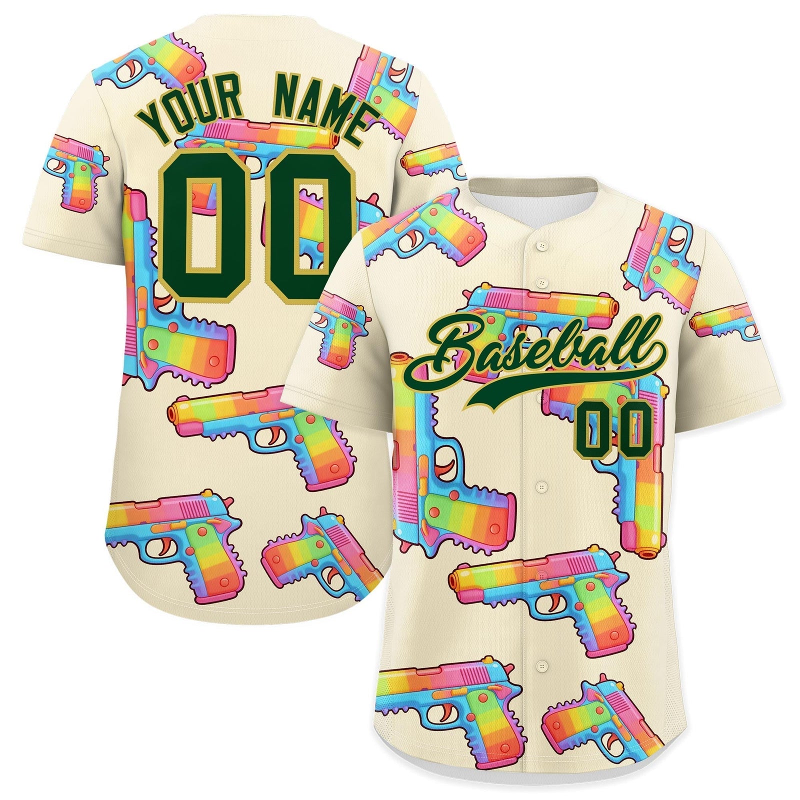 Custom Youth Baseball Jersey Cream Dark Green Sugar-Coated Firepower Graffiti Pattern Urban Fashion