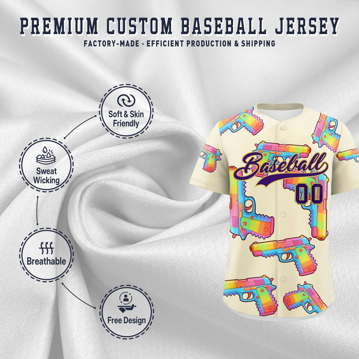 Custom Youth Baseball Jersey Cream Purple Sugar-Coated Firepower Graffiti Pattern Street Style