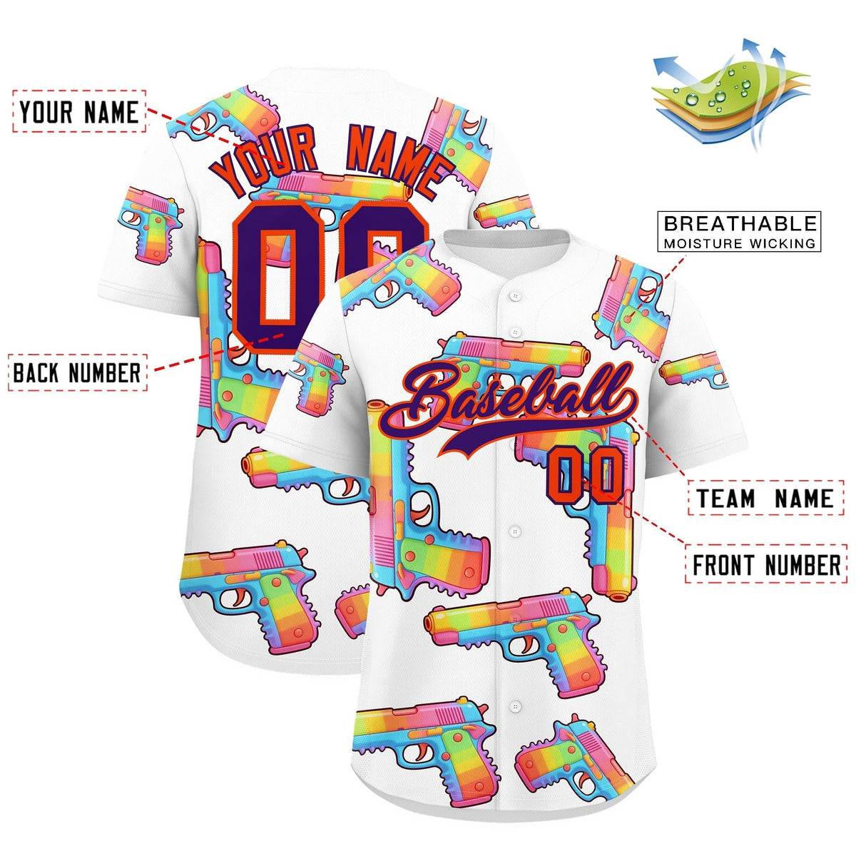 Custom Youth Baseball Jersey White Purple Sugar-Coated Firepower Graffiti Pattern Street Style