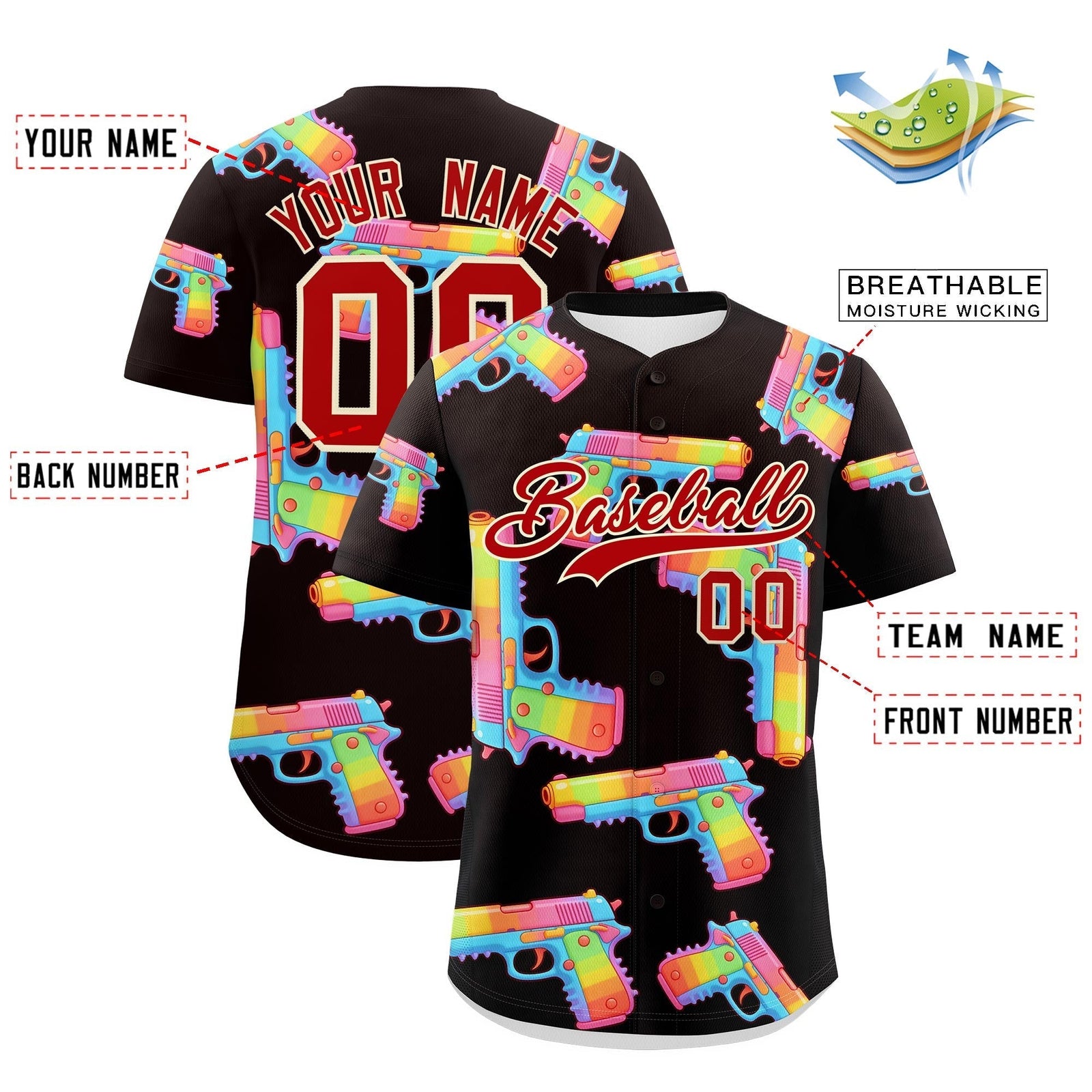 Custom Youth Baseball Jersey Brown Red Sugar-Coated Firepower Graffiti Pattern Urban Fashion