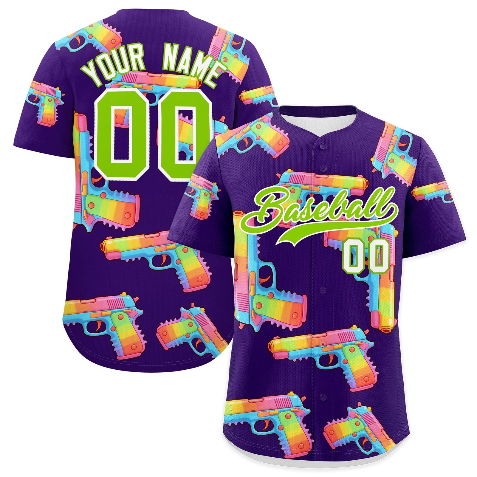 Custom Youth Baseball Jersey Purple Neon Green Sugar-Coated Firepower Graffiti Pattern Urban Fashion