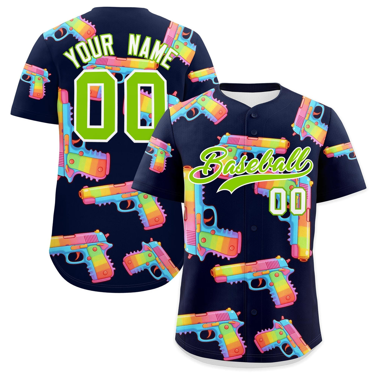 Custom Youth Baseball Jersey Navy Neon Green Sugar-Coated Firepower Graffiti Pattern Street Style