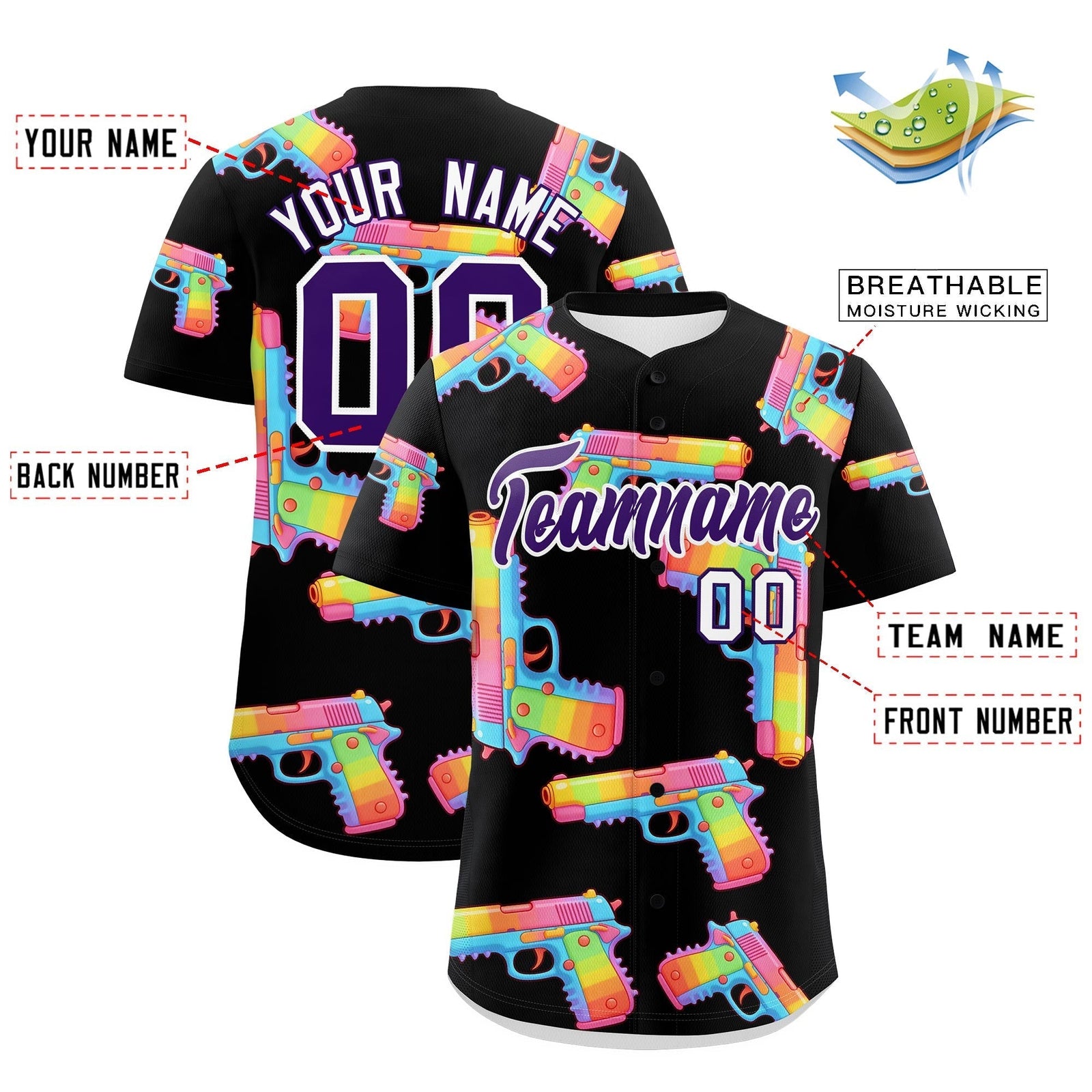 Custom Youth Baseball Jersey Black Purple Sugar-Coated Firepower Graffiti Pattern Street Style