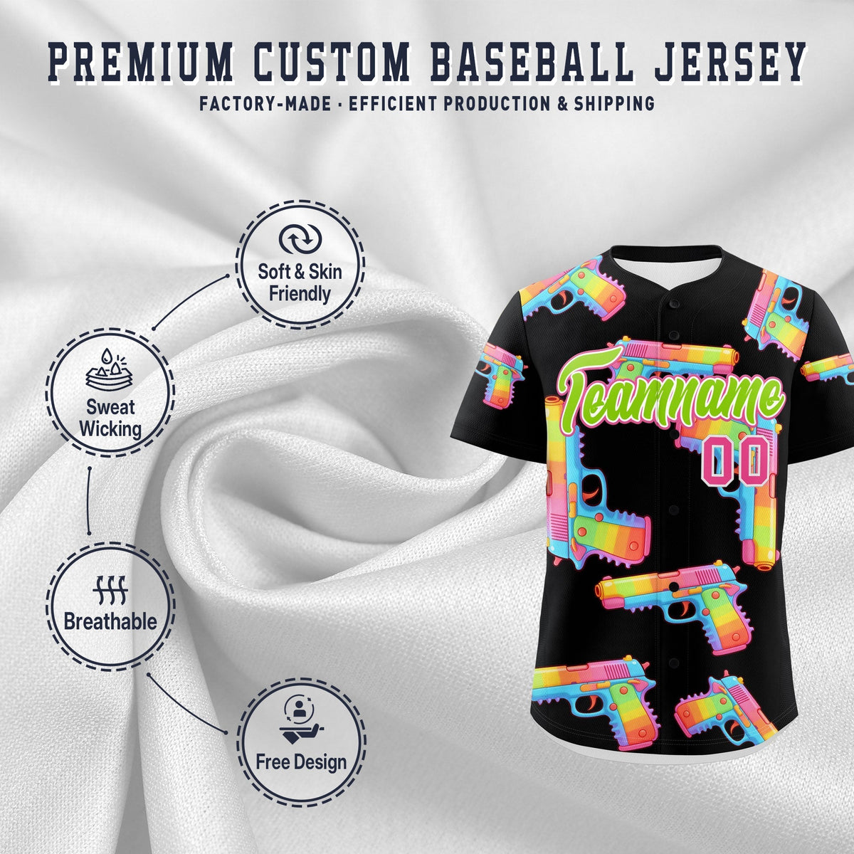 Custom Youth Baseball Jersey Black Neon Green Sugar-Coated Firepower Graffiti Pattern Street Style