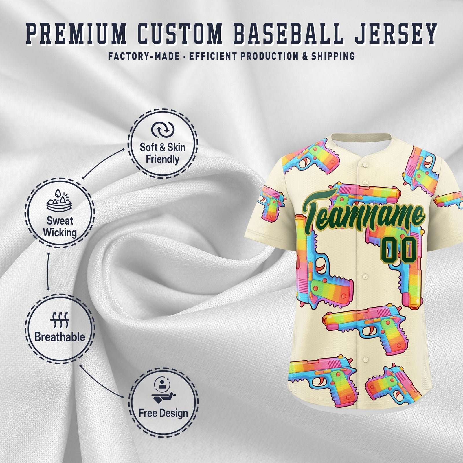 Custom Youth Baseball Jersey Cream Dark Green Sugar-Coated Firepower Graffiti Pattern Urban Fashion