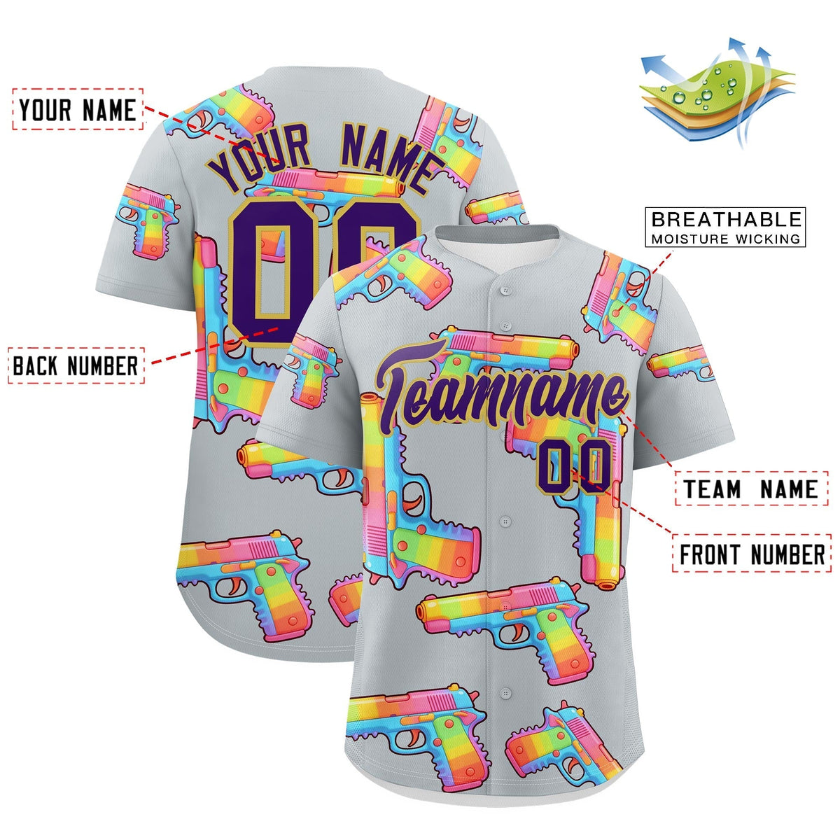Custom Youth Baseball Jersey Silver Purple Sugar-Coated Firepower Graffiti Pattern Urban Fashion