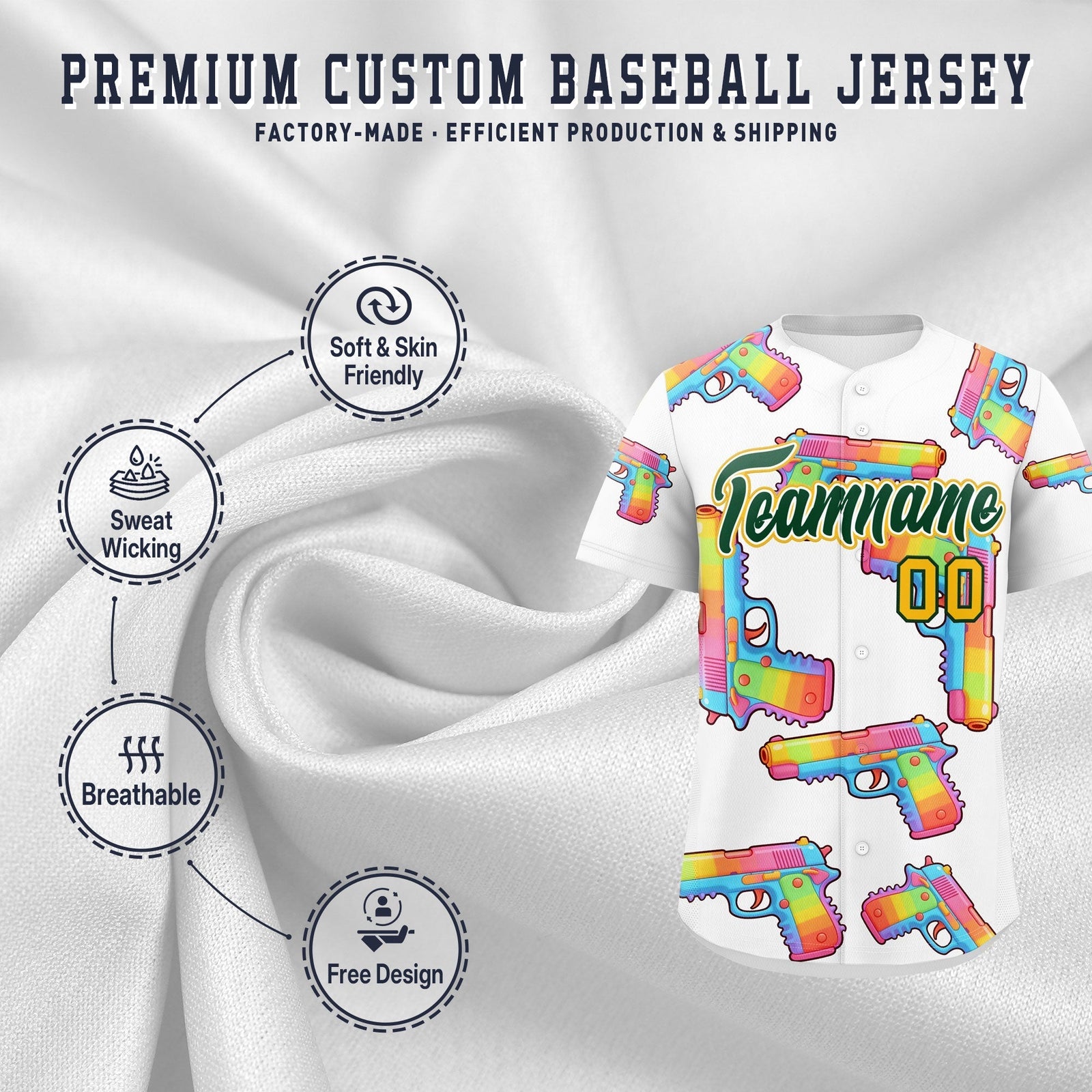 Custom Youth Baseball Jersey White Dark Green Sugar-Coated Firepower Graffiti Pattern Urban Fashion