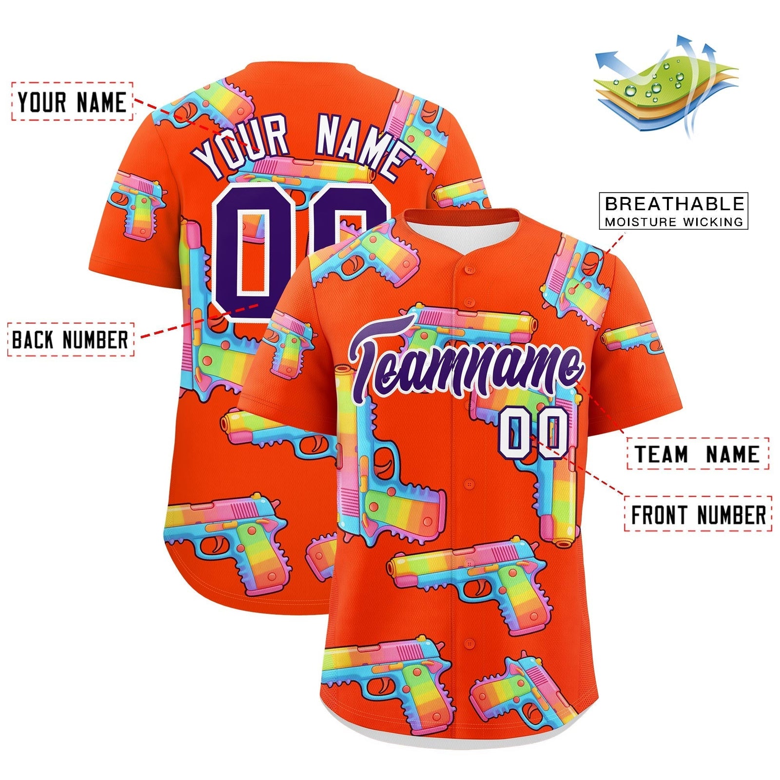 Custom Youth Baseball Jersey Orange Purple Sugar-Coated Firepower Graffiti Pattern Street Style