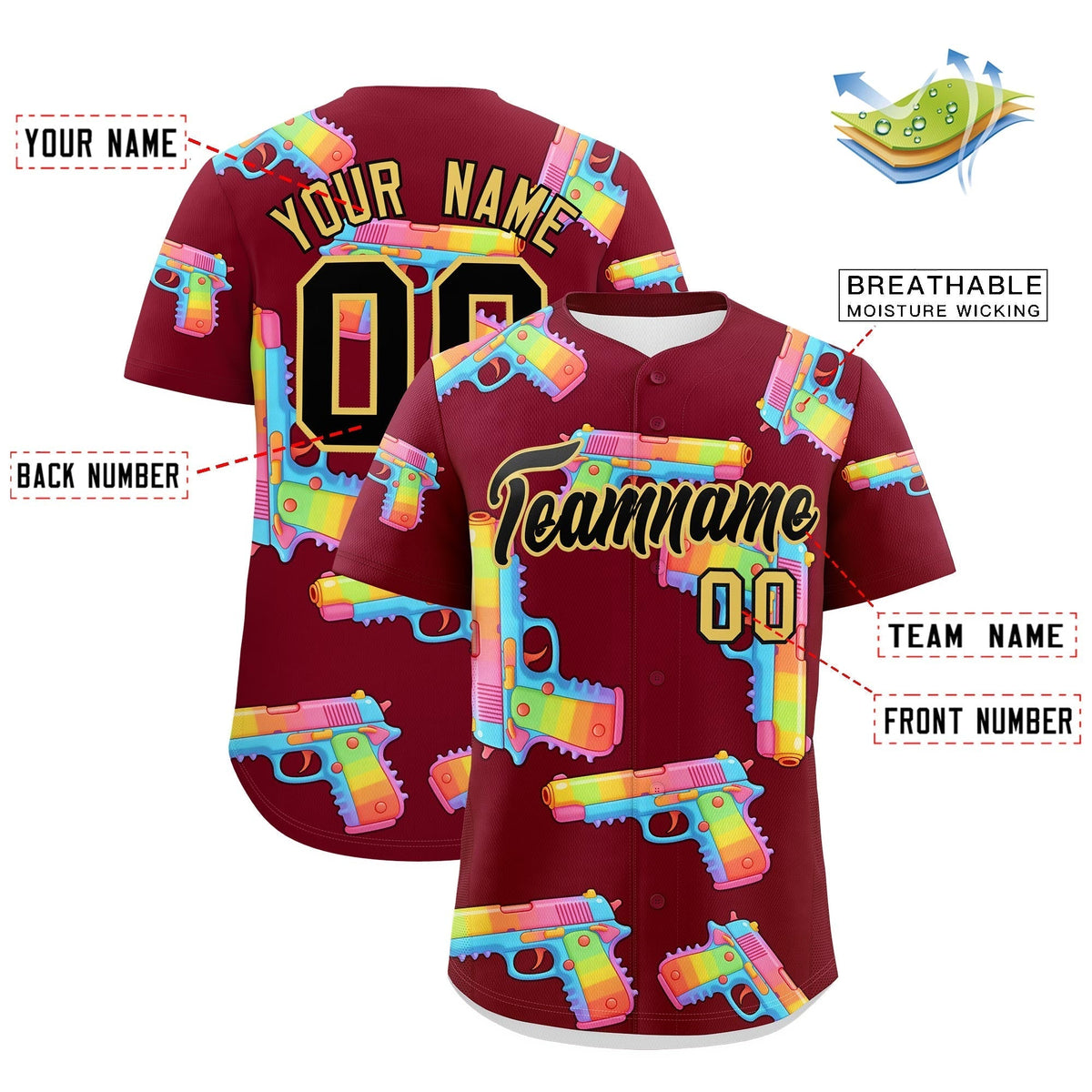 Custom Youth Baseball Jersey Crimson Black Khaki Sugar-Coated Firepower Graffiti Pattern Street Style