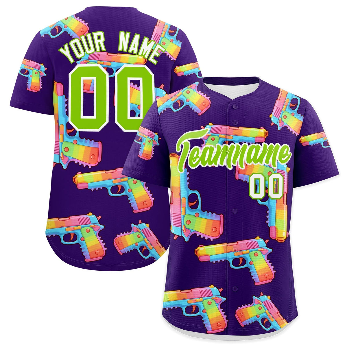 Custom Youth Baseball Jersey Purple Neon Green Sugar-Coated Firepower Graffiti Pattern Urban Fashion